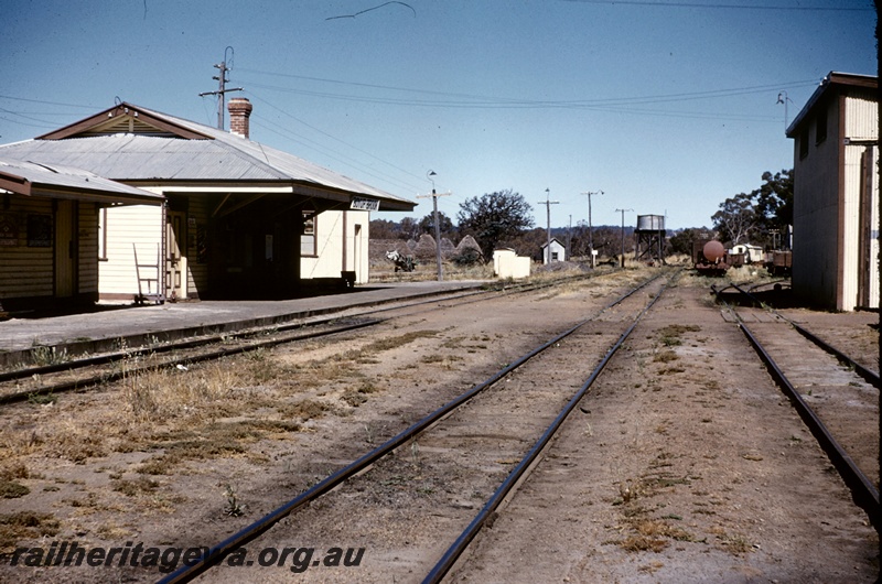 T05120
Station buildings, platform, baggage trolley, trackside building, water tower, sidings, wagons, goods shed, Boyup Brook, DK line, view towards Kojonup 
