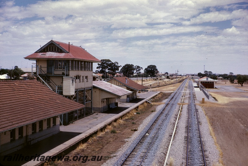 T05141
Old platform and station buildings, signal box, bracket signals, light signals, new platform and station building, Merredin, EGR line
