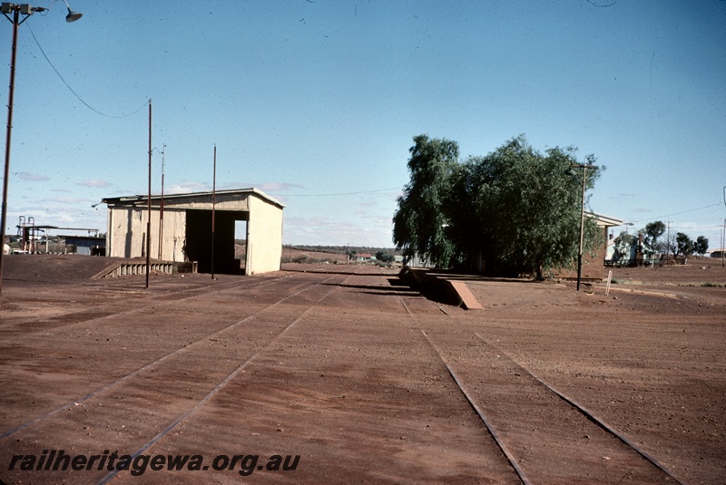 T05142
Station and yard, loading ramp, goods shed, tracks, station building, tree, platform, Meekatharra, NR line, view south along main line
