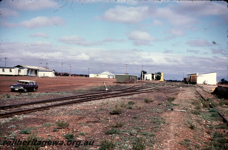 T05149
Station and yard, house, demountables, trackside buildings, point lever, sidings, platform, station building, goods shed, vans, Leonora, KL line
