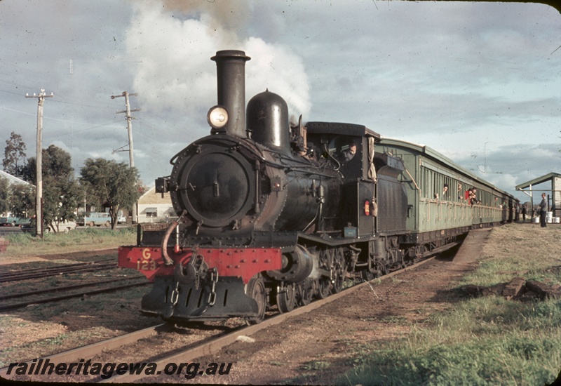 T05227
G class 123, on excursion train, platform, canopy, Dardanup, PP line, front and side view
