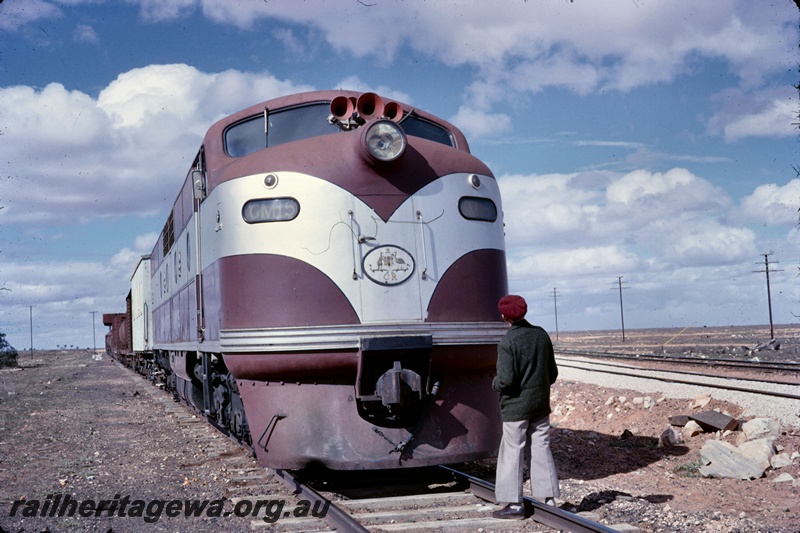 T05240
Commonwealth Railways (CR) GM12 class 15, on freight train, water tower, onlooker, Rawlinna, TAR line, front view
