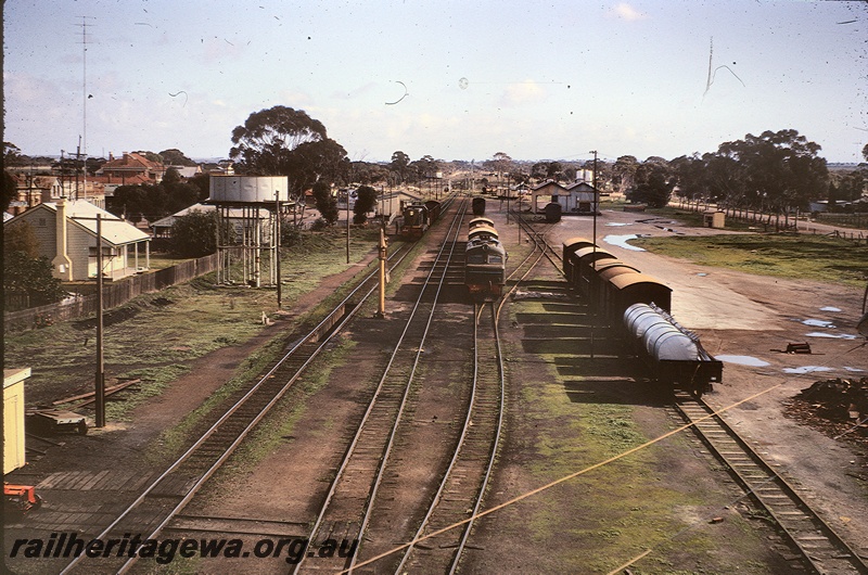 T05299
A class 1503 on the mail, X class 1007 with wagons in the loop, station building, 1st Class goods shed, water tower with a circular tank, inspection pit on the main, water column, gangers shed with trolley, Kellerberrin, EGR line, elevated view looking west
