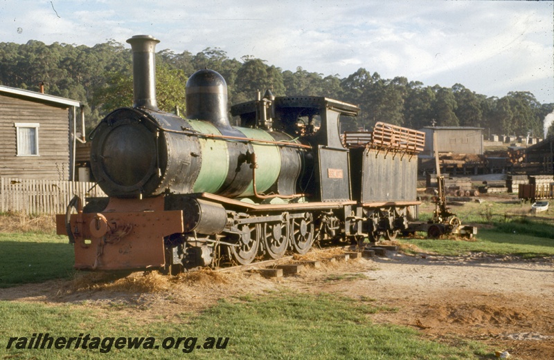 T05345
Former G class loco, State Saw Mill No 7, out of service, buildings, logging machinery, Pemberton, front and side view
