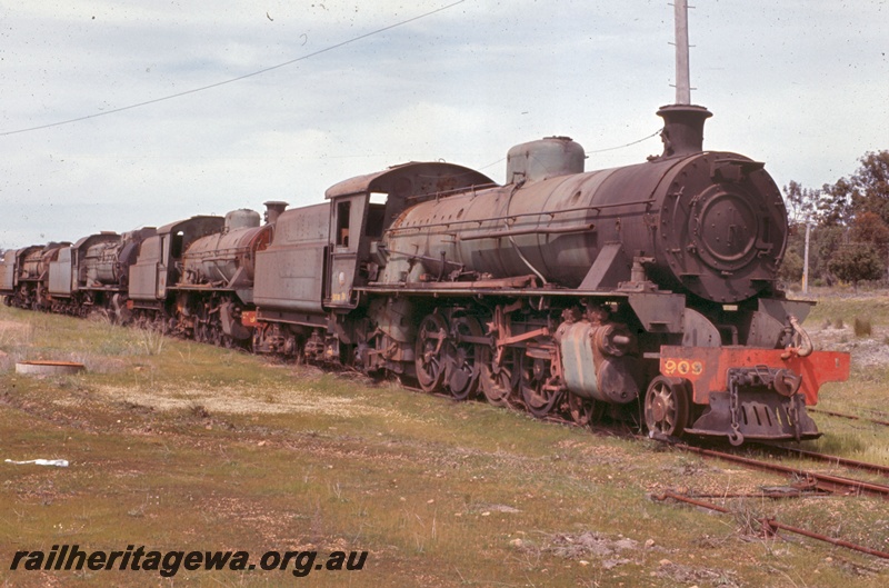 T05347
W class 909, W class 955, S class 546, V class 1211, on scrap road, points, rodding, Collie loco depot, BN line, side and front views
