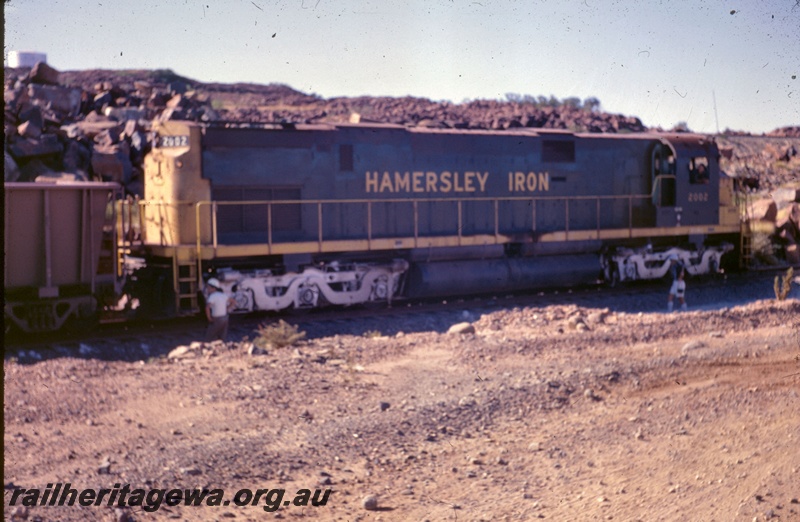 T05363
Hammersley Iron diesel loco No 2002, iron ore wagon (part only), Pilbara, end and side view
