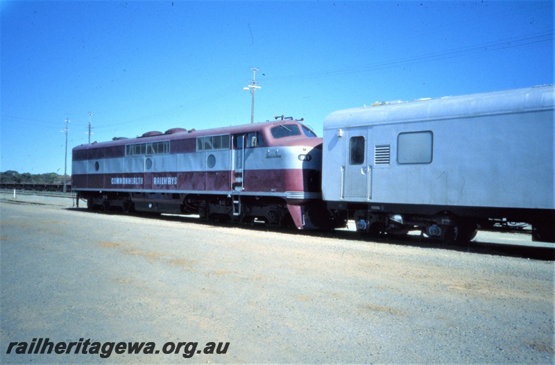 T05425
GM class 1, in Commonwealth Railways livery, white van, West Kalgoorlie, EGR line, side and front view
