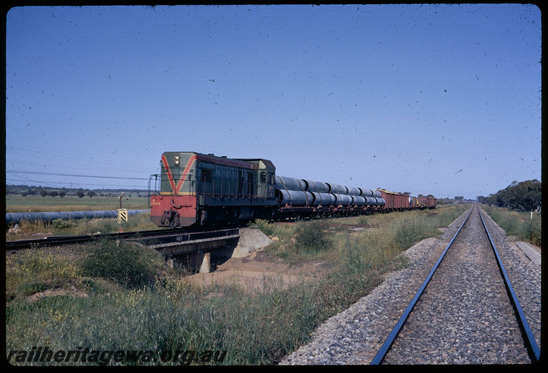 T06352
A Class 1503, goods train, pipes loaded on flat wagons, between Merredin and Northam, standard gauge mainline in foreground, small bridge, pipeline, EGR line
