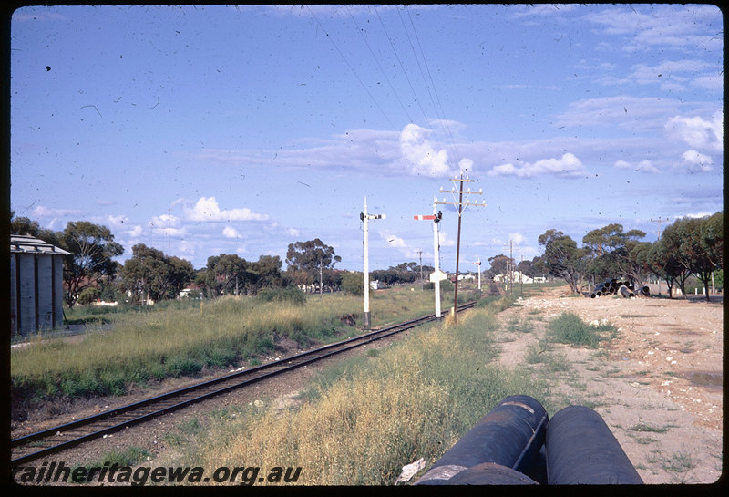 T06363
West end of Cunderdin narrow gauge yard, looking east, semaphore signals, pipes, grain silo, EGR line
