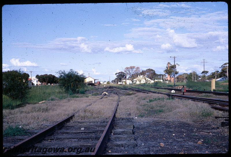 T06365
West end of Cunderdin narrow gauge yard, looking east, scotchblock, cheeseknob, points indicator, goods shed, station building, No. 3 Pump Station, EGR line
