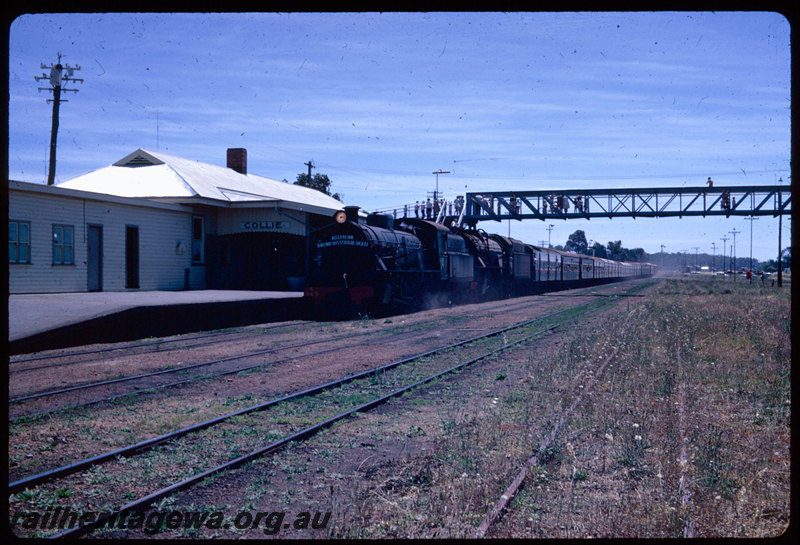 T06419
W Class 943 and V class 1217, ARHS tour train arriving at Collie, station sign, station building, footbridge, BN line
