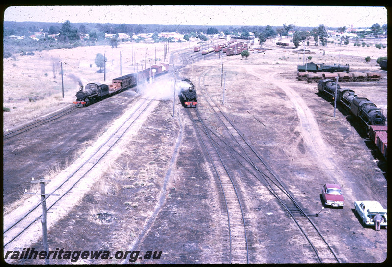 T06432
Overall view of West Collie, loco depot, stored locos, V Class 1217 coming on traffic, FS Class 450 shunting train for V Class, photo taken from coaling tower, BN line
