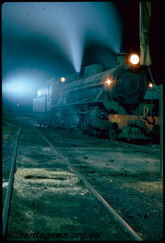 T06472
W Class 903, Collie loco depot, turntable, roundhouse, water column, night photo
