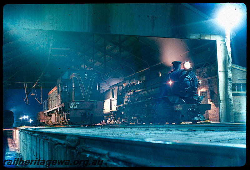 T06475
W Class 903, AA Class 1515, running shed, Collie loco depot, low angle photo taken from ash pit, night photo
