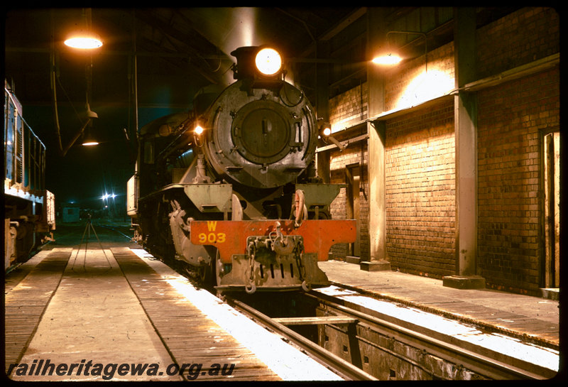 T06476
W Class 903, in running shed, Collie loco depot, night photo
