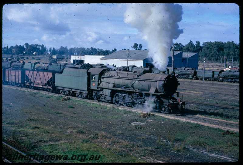 T06482
V Class 1203, loaded coal train departing Collie, XA Class coal wagon, GH Class coal wagon, Collie loco depot in background, roundhouse, stored steam locomotives, BN Line
