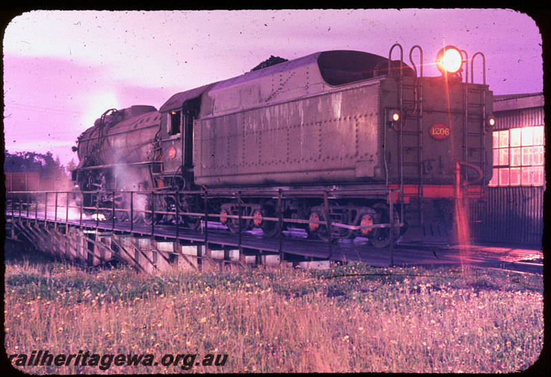 T06499
V Class 1206, on turntable, Collie loco depot, night photo
