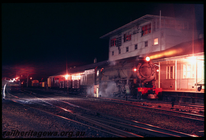 T06505
V Class 1217, Brunswick Junction, station building, signal cabin, platform, night photo
