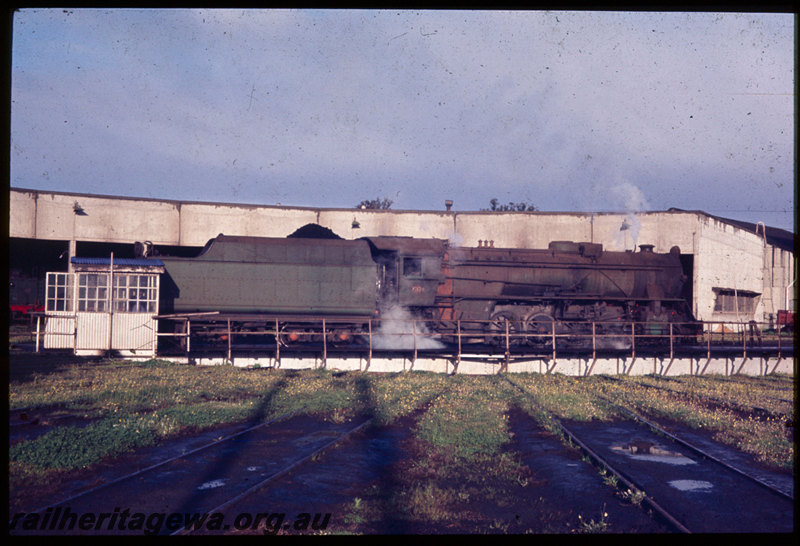 T06506
V Class 1217, on turntable, Collie loco depot, roundhouse, side view
