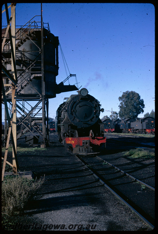 T06529
V Class 1215, Midland loco depot, coaling tower, stored DM/DD Class locomotives in background
