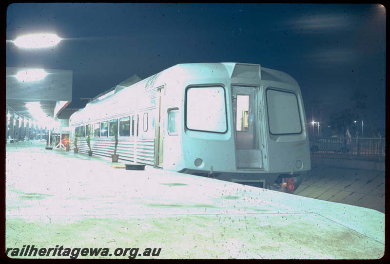 T06536
Brand new WCE Class Prospector trailer, on display at Perth Terminal, non-driving end, note blanked off windows and headlight mouldings, corridor door removed, night photo, East Perth
