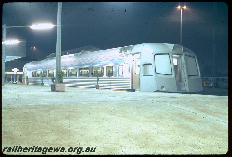 T06537
Brand new WCE Class Prospector trailer, on display at Perth Terminal, non-driving end, note blanked off windows and headlight mouldings, corridor door removed, night photo, East Perth
