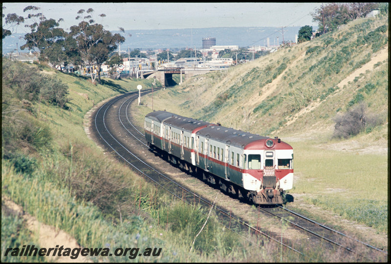 T06781
ADX/ADX/ADA Class railcar set, Up suburban passenger service, West Leederville Bank, Thomas Street overpass in background, searchlight signals, ER line
