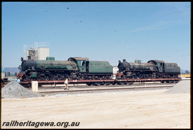 T06823
W Class 933 and W Class 934 steam locomotives loaded on Commonwealth Railways QB Class 2407 and QB Class 2406 12-wheel flat wagons bound for Port Augusta, Forrestfield
