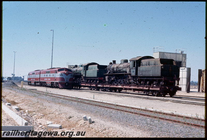 T06824
Commonwealth Railways GM Class 35, GM Class 25, W Class 933 and W Class 934 steam locomotives loaded on Commonwealth Railways QB Class 2407 and QB Class 2406 12-wheel flat wagons bound for Port Augusta, Forrestfield
