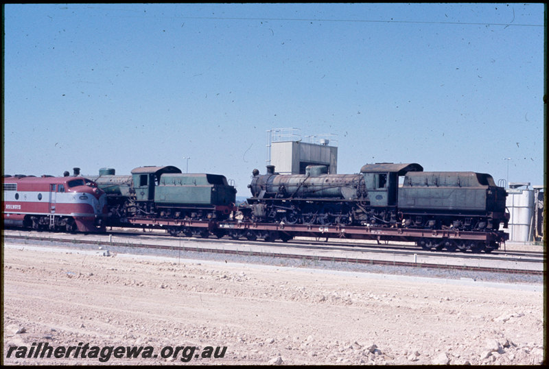 T06825
Commonwealth Railways GM Class 35, W Class 933 and W Class 934 steam locomotives loaded on Commonwealth Railways QB Class 2407 and QB Class 2406 12-wheel flat wagons bound for Port Augusta, Forrestfield
