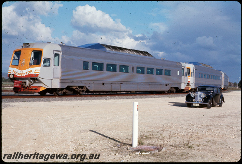 T06935
Three-car Prospector railcar, stabled, Forrestfield, sign on coupler says 