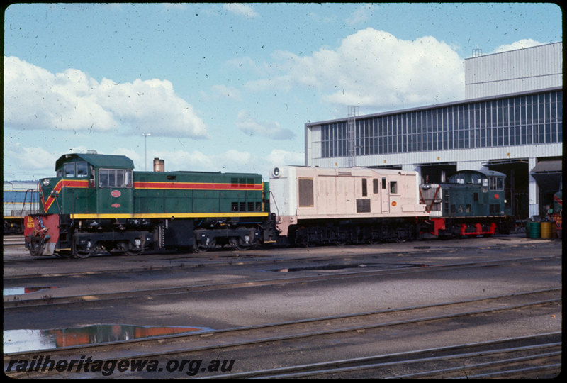 T06970
MA Class 1863, Y Class 1112, pink undercoat, TA Class 1814, Forrestfield Loco Depot, workshop building
