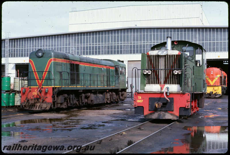 T06981
C Class 1701, TA Class 1807, D Class 1561, International Orange livery, Forrestfield Loco Depot, workshop building
