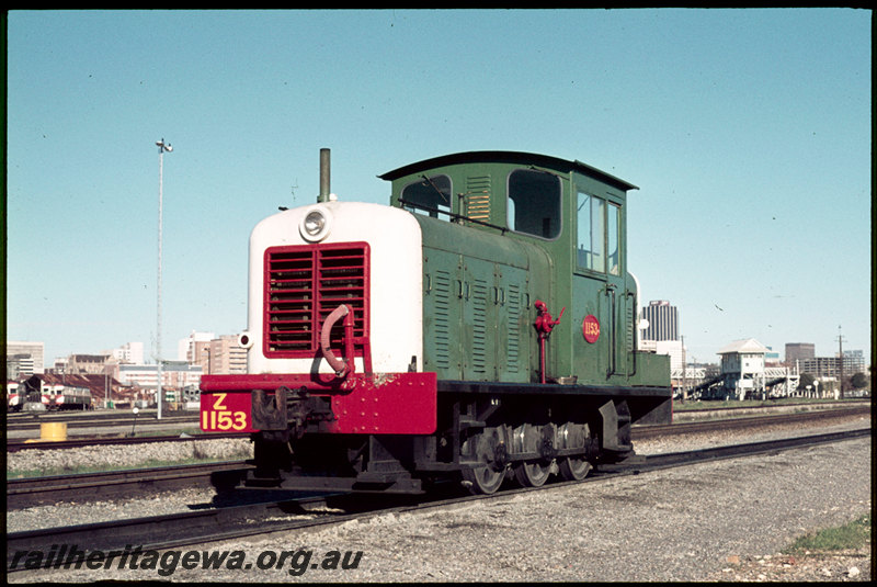 T07000
Z Class 1153, East Perth Power Station shunter, hand operated fuel pump visible on long-hood, transfer sidings, Claisebrook signal cabin, Claisebrook Depot
