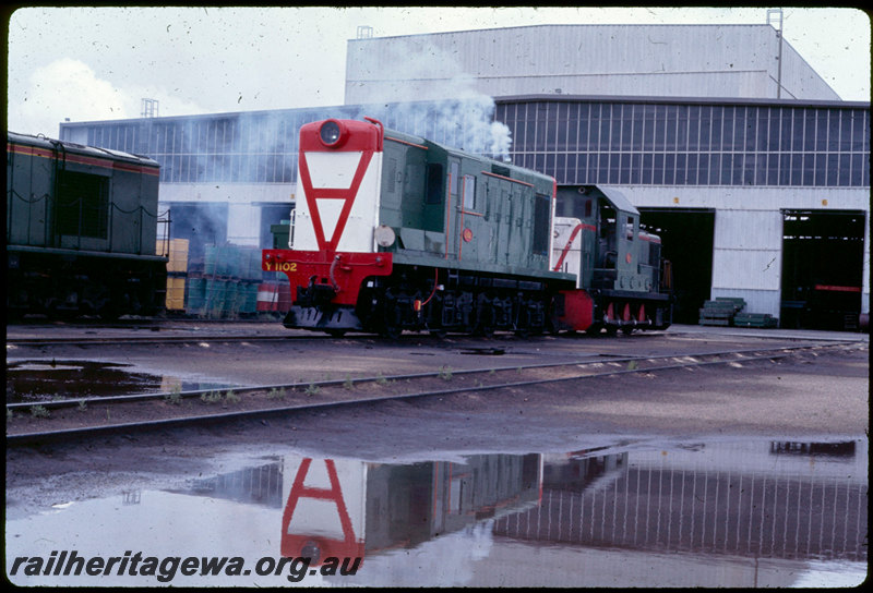 T07043
Y Class 1102, freshly overhauled, with unidentified B Class, Forrestfield Loco Depot, workshop building
