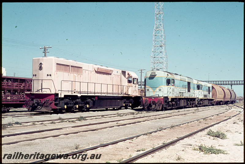 T07131
L Class 265, pink undercoat, K Class 206, K Class 207, arriving on loaded grain train, SA Class 23694 bogie sheep wagon, Leighton Yard, light tower, footbridge
