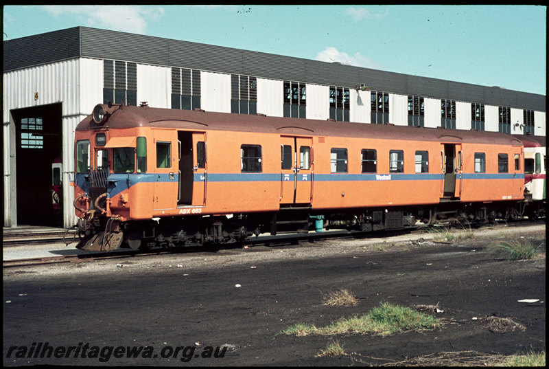 T07149
ADX Class 663, first iteration of Westrail livery, without white stripe, Claisebrook Depot, running shed
