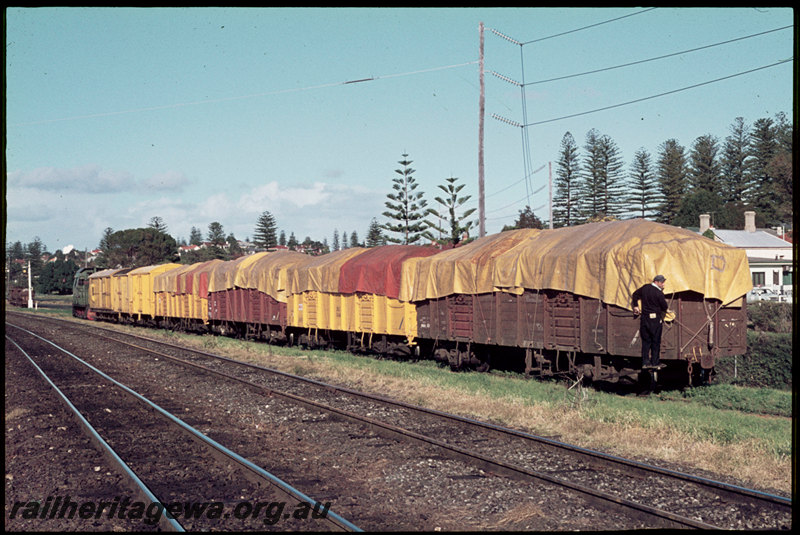 T07181
B Class 1607, propelling grain wagons on spur towards Thomas Flour Mill, RCB Class bulk grain wagons, tarped, DC Class bulk grain wagons, Cottesloe, ER line
