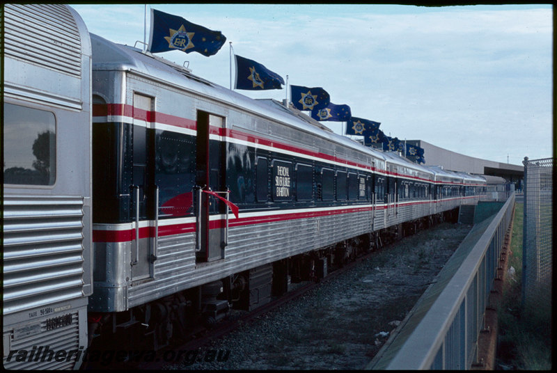 T07279
The Royal Silver Jubilee Exhibition train, carriages converted from ex-NSWGR 1200 Class Tulloch railcars, HGM Class 900 Indian Pacific carriage in consist, dock platform, Perth Terminal, East Perth, ER line
