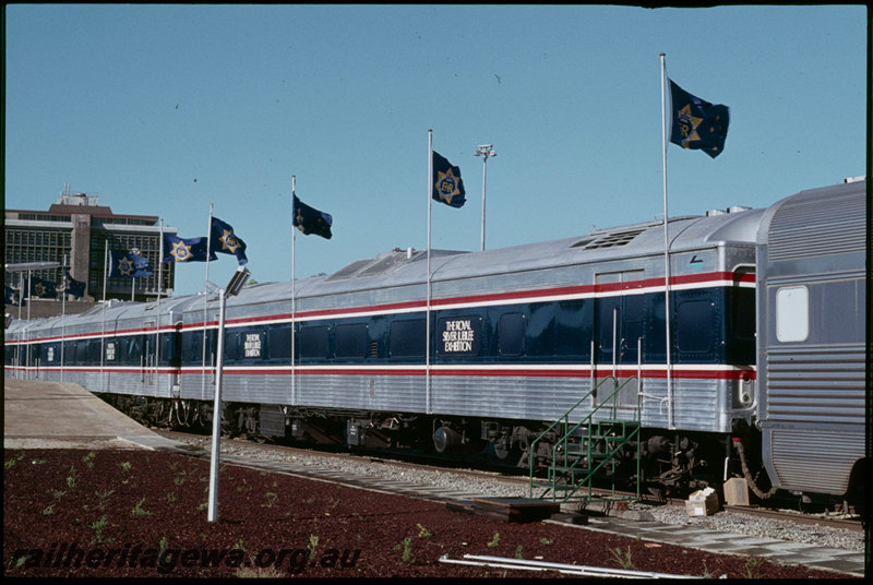 T07282
The Royal Silver Jubilee Exhibition train, carriages converted from ex-NSWGR 1200 Class Tulloch railcars, dock platform, Perth Terminal, East Perth, Westrail Centre, ER line
