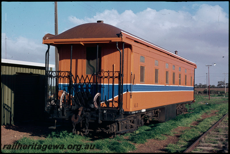 T07320
AL Class 2 inspection car, ex-AGB Class 12 buffet car, Westrail orange livery, unknown location, EM line?
