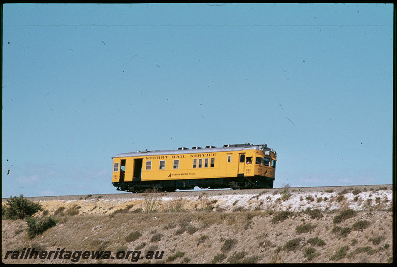 T07332
Sperry Rail Service SRS 141, self-propelled track detector car, originally a Chicago, Rock Island & Pacific Railroad EMC doodlebug, used to test the ER and EGR Lines after they were upgraded in 1979, between Fremantle and Forrestfield

