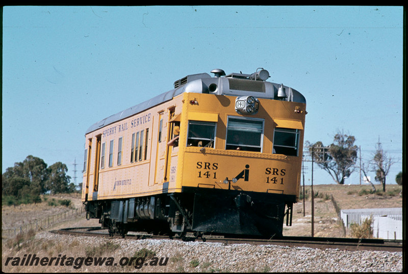 T07333
Sperry Rail Service SRS 141, self-propelled track detector car, originally a Chicago, Rock Island & Pacific Railroad EMC doodlebug, used to test the ER and EGR Lines after they were upgraded in 1979, between Fremantle and Forrestfield
