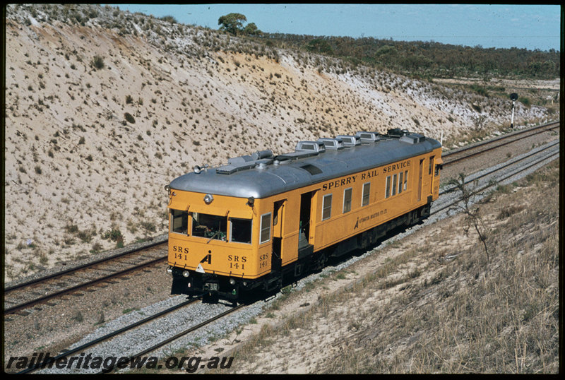T07334
Sperry Rail Service SRS 141, self-propelled track detector car, originally a Chicago, Rock Island & Pacific Railroad EMC doodlebug, used to test the ER and EGR Lines after they were upgraded in 1979, Walliabup Loop, between Fremantle and Forrestfield, searchlight signal

