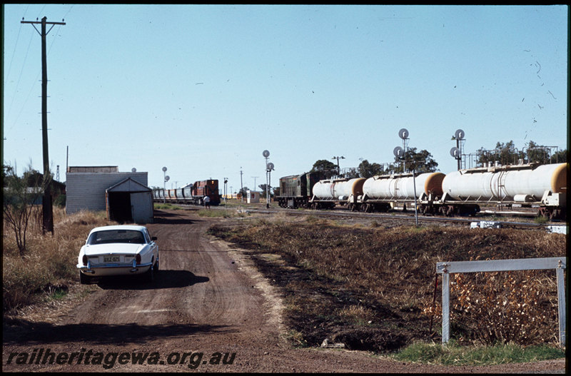 T07567
R Class 1903, Up caustic soda train, arriving at Pinjarra from Calcine, unidentified N Class, Down empty coal train, searchlight signals, gangers sheds, weighbridge, SWR line
