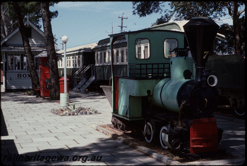 T07986
Freudenstein (b/n 175 of 1904) ex-Golden Ridge Gold Mine locomotive, painted green with No. 7 on smokestack, on display, Rail Transport Museum, Bassendean
